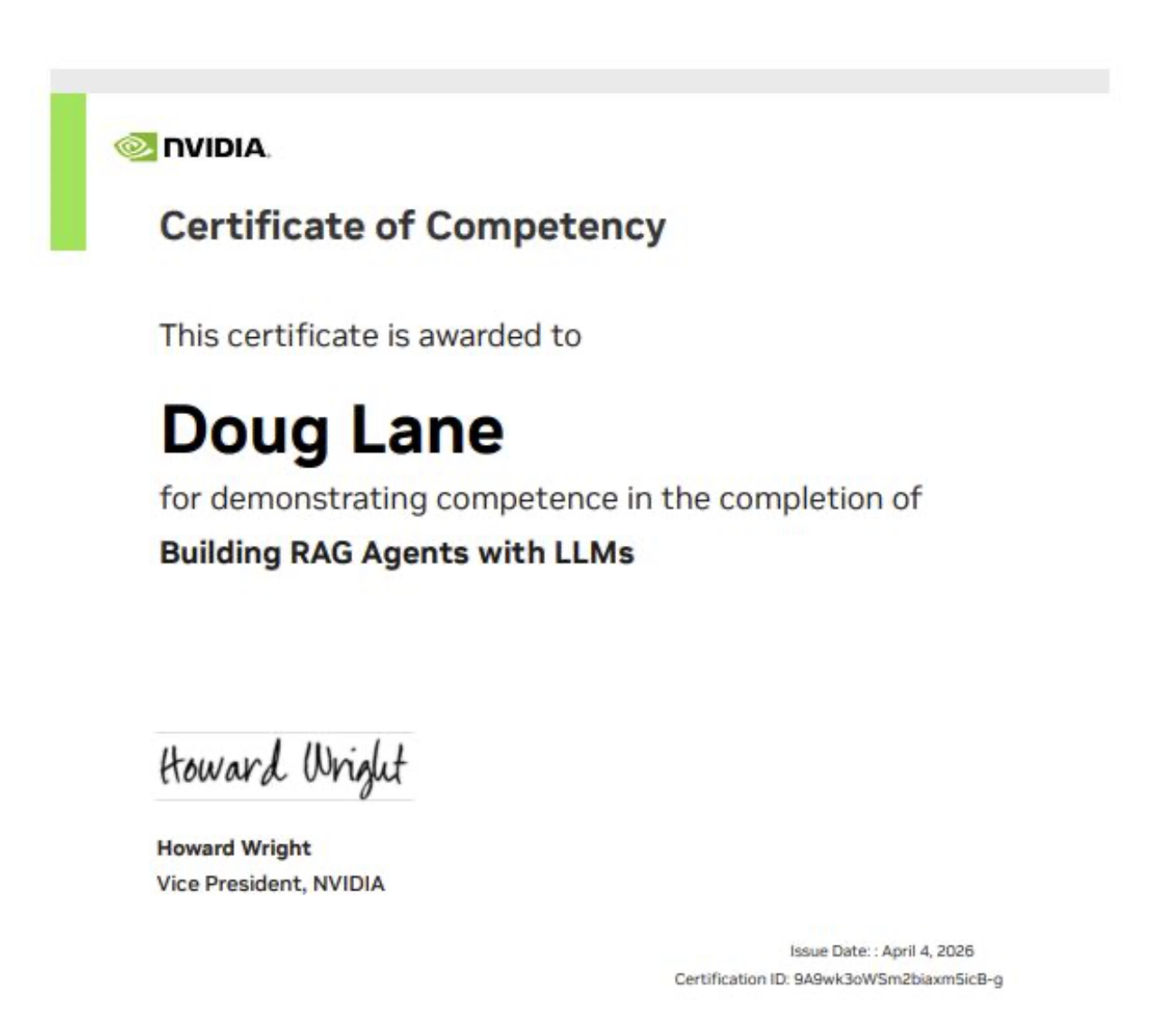 NVIDIA Certificate of Competency – Building RAG Agents with LLMs, awarded to Doug Lane